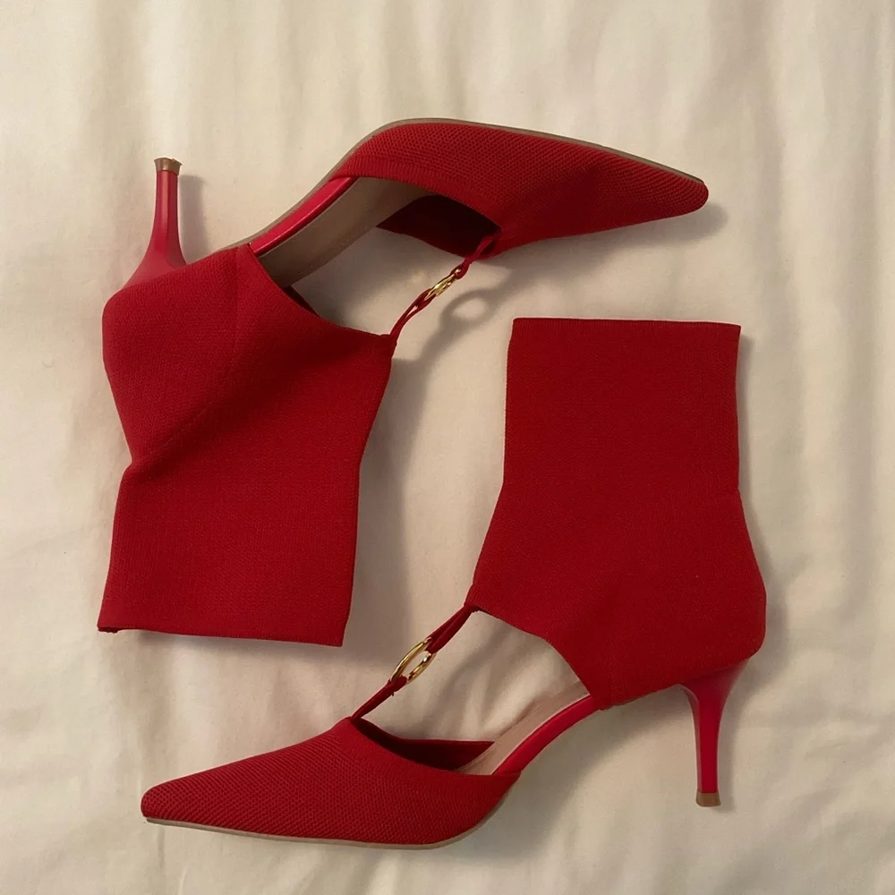 Chic Red Knit Ankle Slip on Heels